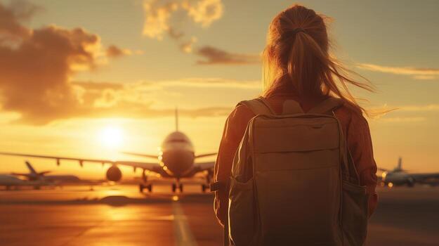 ex-expa-young-woman-with-backpack-watching-airplane-taking-off-at-sunset-on-runway-airport- Studio Psiché